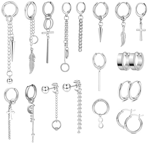 20 Stück Ohrringe Set Edelstahl - Kreuz Feder Anhänger, Herren Chirurgenstahl, Hängend Punk für Mann Junge Frau Mädchen