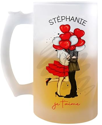 Planetee Chope Stéphanie Je t'aime Ballon | Verre à Bière Pression Pinte Couple Saint Valentin Mariage Fiançailles Anniversaire Cadeau Romantique