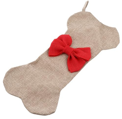 TOPBATHY Rustikaler Weihnachtsstrumpf aus Jute in Knochenform mit Roter Weichnachtsschleife Weiche Weihnachtsdekoration für Haustiere und Festliche Wohnaccessoires