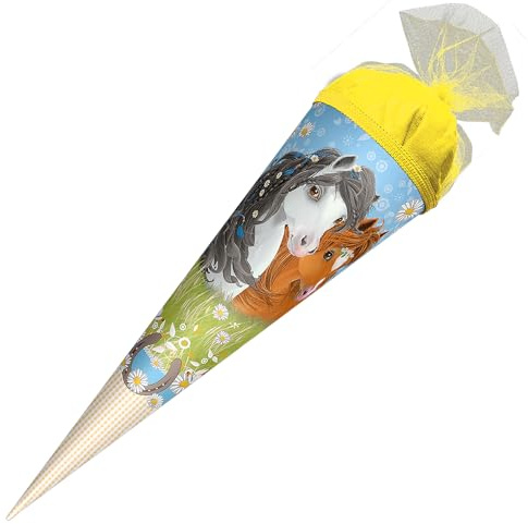 ROTH School cone flower horses 50 cm large, round sugar cone with tulle closure, gift packaging for school enrolment