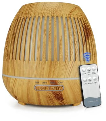 Luftbefeuchter Aroma Diffuser für Duftöle | Fernbedienung + Zeitschaltuhr | 400ml | Duftlampe Aromatherapie | 7 Farben Licht | Holzdesign Öl | Wellness Schlafzimmer Wohnzimmer (Hellbraun)