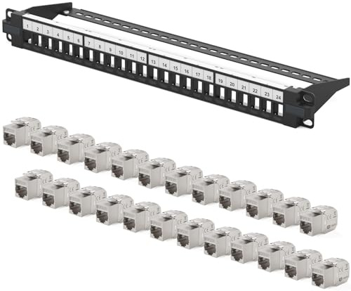 hb-digital Patchpanel 24 Port 1HE Netzwerk Patchfeld mit 24x CAT 8 GHMT Keystone Modulen RJ45 Buchsen für Ethernet LAN Kabel 40 Gbit geeignet 19 Zoll Rackmontage, Netzwerkschrank - Schwarz