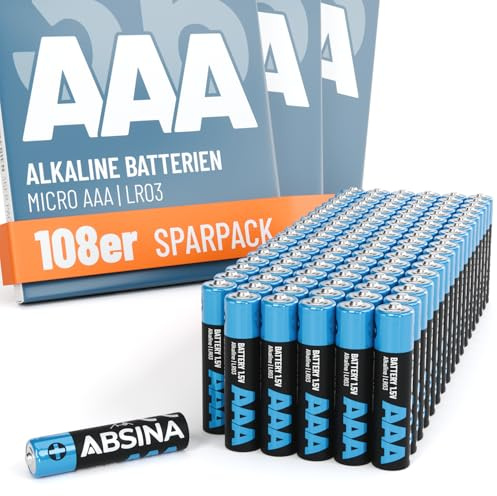 ABSINA 108 x AAA batterier storpack 1,5 V alkaliskt – hållbara Micro LR03-batterier AAA för långdistansning, leksak, väckarklocka UVM – batteri AAA