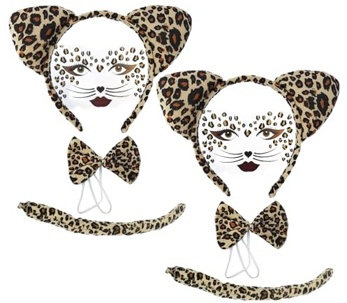 EUPSIIU 8 delar Djurdräkt, Klistermärke Leopardtryck Öron Pannband Näsa Fluga Svans Kostymer, för Halloween Kostymer Cosplay Karneval Tema Party (Brun)