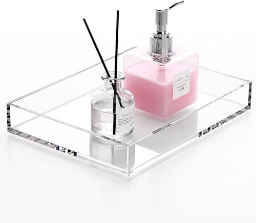 DINGHUO Acrylic Perfume Bathroom Vanity Counter Tray, Clear 9.45x7.09x1.38 Rectangle Countertop Organizer for Jewelry Candles Soap Makeup Toilet Tank Kitchen - 1 Pack