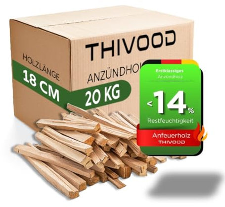 Anzündholz 20 KG THIVOOD – 18 cm Anfeuerholz für Zuhause – trockenes Kaminholz aus Fichte und Kiefer – Anmachholz ofenfertig und ideal für Feuerschale, Pizzaofen, Grill und Kamin