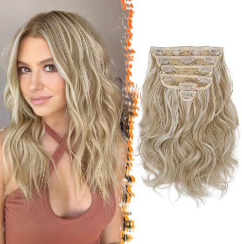 BARSDAR Clip-in Haarverlängerung Kurzes Welliges Blond Mittel Blond mit Highlights Clip-in Extensions Damen 30cm 6PCs Dickes Synthetisches Haarteil Haarextension