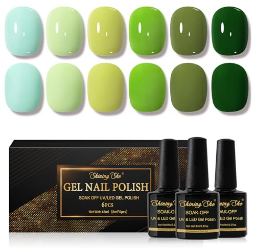 Shining She UV Nagellack Grün, 6 Farben Frühling Grün Serie Gellack Hellgrün Gel Nagellack Soak Off UV Gel Nail Polish Nail Art Salon Für Starter Nail Art Salon DIY Home, 8ML