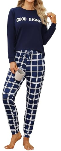 TeJoyce Pyjama Femme Hiver Coton, Ensemble Pijamas Manches Longues Pantalon à Carreaux 2 Pièce Vêtements de Nuit Sleepwear Pjs Set pour Hiver, Confortable Vêtements de Nuit Chauds