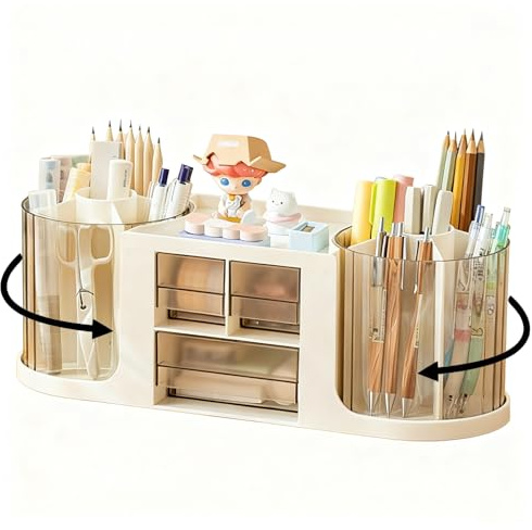 Mxdzshy Portalápices Giratorio Organizador Escritorio de 360 Grados Organizador de Suministros Con 14 Compartimentos Soporte para Lápices de Escritorio para Oficina Cosméticos Escuela (Beige)