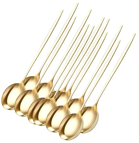 Round Soup Spoons - Cutlery Spoons Set Dishwasher Safe Stainless Steel Spoon for Soup Large Tableware Serving Spoon Use for Home Kitchen and Restaurant - Golden Teaspoons Set of 12 Dessert Tablespoon