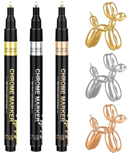Metallic Chrome Paint Marker Pen, 3 Colors 2-5mm Permanent Liquid Mirror Effect Pen Waterproof Reflective Gloss for Model Painting Metal Plastic Glass Touch Up Repair Kit Art Supplies DIY Resin Craft