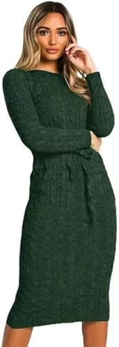 BESTITALIANUK Women’s Winter Warm Cable Knit Jumper Dress Ladies Pocket Rop Tie up Long Midi Party Dress Top Girls Casual Knitted Pockets Midi Bottle Green