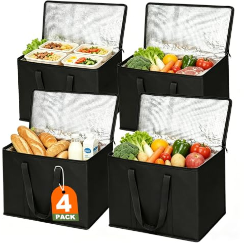 JNYONG 2 Pack Insulated Reusable Grocery Shopping Bags with zippered top,Food Delivery Bag,Collapsible Cooler Bag for Frozen Foods