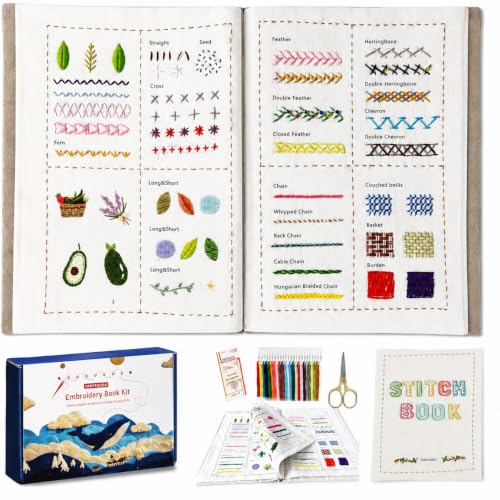 HAOYEGUOJI Stickerei Set Anfänger, Stickset Erwachsene, Leinenstickbuch mit einer Vielzahl von Mustern mit Stichanleitung, Nähwerkzeugen und Videos