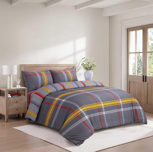 4 Piece Printed Bedding Set Duvet Cover with Zipper Closure, Fitted Sheet & Pillow Cases, Soft Brushed Microfibre, Easy Care, Single Double King Super King Sizes (Hampton, King (U.K. Standard))