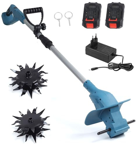 Hyuduo Motozappa Pieghevole Al Litio, Coltivatore Elettrico Portatile con Doppie Lame, 21 V per Piccoli Giardini e Aiuole (2 batterie: doppia lama elettrica Spina UE 110-240 V)