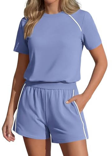 amropi Tuta Donna Completo Estiva 2 Pezzi da Jogging con Maglietta a Maniche Corte e Pantaloncini a Righe Sportiva Casual Lounge Set Blu,XL