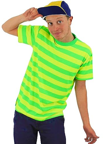 Bellissimo costume da Principe di Bel Air, con maglietta a righe giallo e verde neon + cappello da baseball giallo e blu, personaggio TV anni '90
