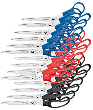Westcott E-31030 00-I Saxset kontor svart, blått och rött plasthandtag, 18 stycken, 21 cm,