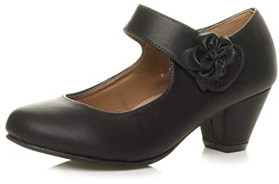 Ajvani, kvinnor, damer, låg block, kitten heel-klack, Mary Jane stil, blomma, läderfodrade arbetsskor, pumps, storlek., Svart, 39 EU
