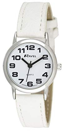 Ravel - Montre Bracelet Femme (Petite) Facile à Lire avec de Gros Chiffres - Cadran Blanc/Ton argenté/Blanc