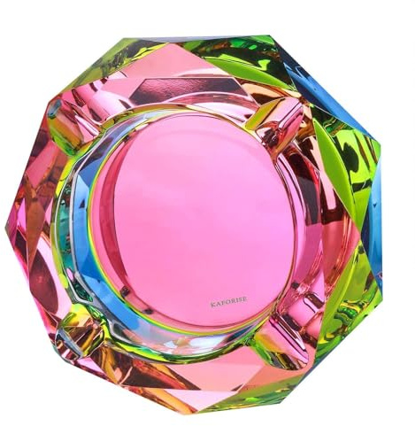Kaforise Heavy K9 Crystal Ashtray for Cigarettes – Cool Color-Changing Glass Ash Tray for Outdoor Patio & Home Decor – Fancy Geometric Tabletop Accessories, Unique Luxury Gift for Men Smokers (02)