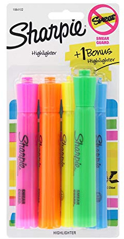 Sharpie Tank Highlighters, Chisel Tip, Assorted Colors, 4-Count + 1 Bonus