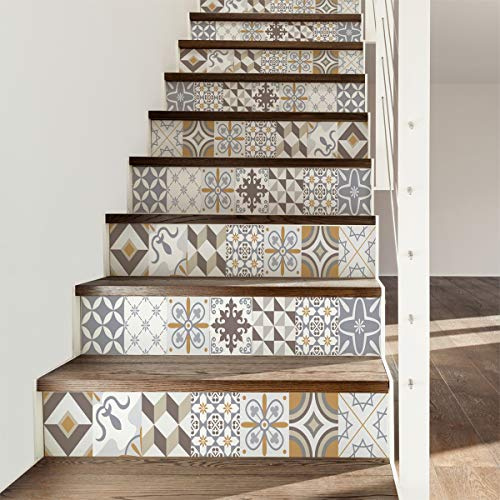 Stickers adhésifs escalier carrelages | Sticker Autocollant contremarche Carreaux de ciment – Stickers contremarche carrelages | Escalier carreaux de ciment adhésif – 15x105cm - 6 bandes