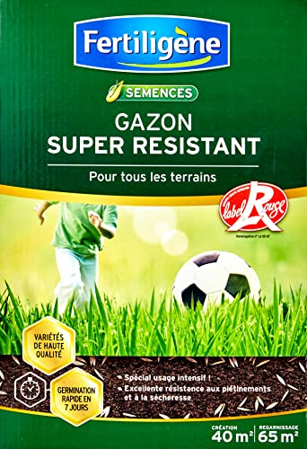 FERTILIGÈNE Gazon Super Résistant – Semences Tous Terrains Label Rouge – Pousse Rapide en 7 Jours – Ultra Résistant Piétinement & Sécheresse – 1kg (40m²)