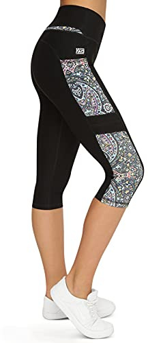 VS Capri Yoga Leggings mit Handytasche - 3 Seitentaschen 3/4 Leggins für Handy, Schlüssel, Kreditkarte und Co. Fitness Sport Tights Schwarz Muster Yoga Hose Sporthose Jogging High Waist.spiritone -S
