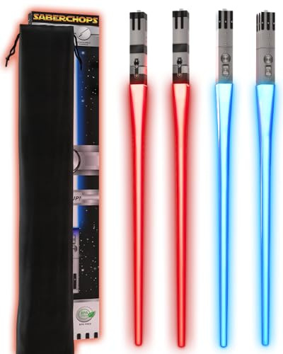 Lichtschwert-Essstäbchen, leuchtende Star-Wars-LED-Essstäbchen, wiederverwendbar, Sushi-Leuchtsäbel, abnehmbarer Griff, spülmaschinenfest, Premium-Geschenkbox und Tragetasche, Blau und Rot, 2 Paar