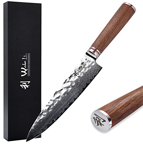 Wakoli Nussbaum Chefmesser | 20 cm Klinge aus 67 Lagen Damaststahl mit VG10-Kern | Ergonomischer Nussbaumholzgriff | für Fleisch, Fisch, Gemüse & Kräuter | in Geschenkbox für Hobby- & Profiköche