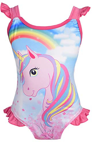 Lito Angels Mädchen Einhorn Badeanzug | Einhornmuster, Rüschendetail, Schwimmrock, integrierte Badehose, einteiliger Badeanzug