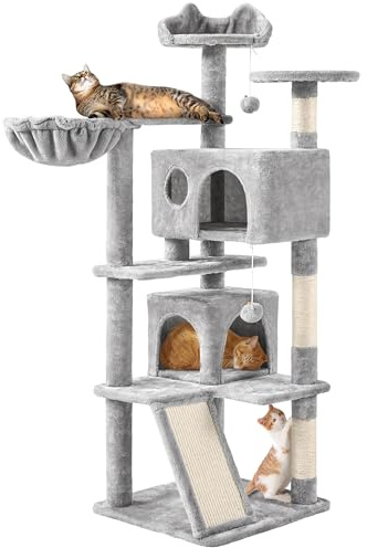Yaheetech Árbol Rascador para Gatos 146cm con Base Estable Gris Claro | carga 45kg，tableros resistentes，sisal robusto y duradero，2 condominios, percas, cesta, rampa, bola，multiple plataforma