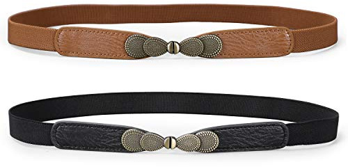 JASGOOD Women Skinny Elastic Stretch Belt for Dresses Retro Ladies Waist Vintage Thin Belt, Black+Brown