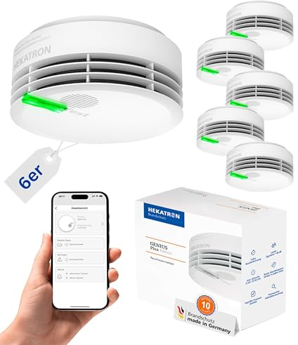 Hekatron Genius Plus – Rauchmelder 10 Jahre Batterie – 6 Stück | Testsieger Stiftung Warentest – made in Germany – inkl. 6x Klebepad – App-unterstützt – Feuermelder – mehrsprachig