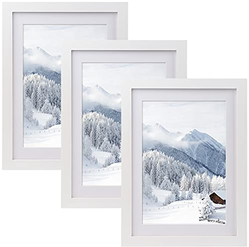 Joyshare 3er-Set DIN-A4-Bilderrahmen Weiß 21×30 cm mit Passepartout | MDF-Holzrahmen mit bruchsicherem Acrylglas, 2 cm Rahmenbreite, Vintage Retro Design für Porträts, Collagen und Urkunden