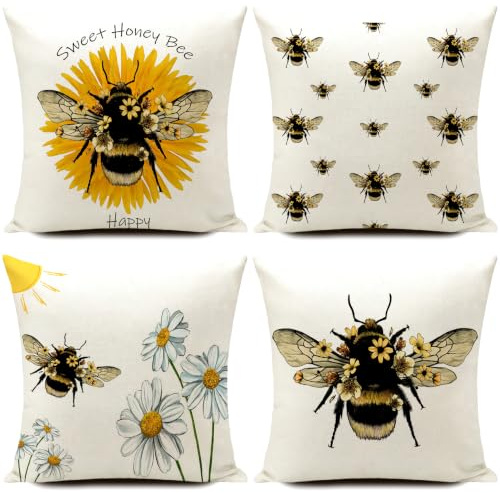 HUASHUZI Cushion Covers Outdoor Waterproof Bee Gifts for Women Garden Cushions Furniture Decorations Set of 4 18x18 inch 45x45cm Home Decor for Sofa