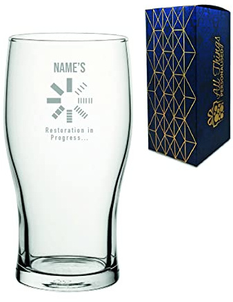 Personalised Engraved Pint Glass with Name Restoration in Progress, Gift Boxed, Personalise with Any Name for Any Gamer