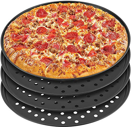 MANCHAP Paquete de 4 moldes redondos para hornear pizza de 12 pulgadas con agujeros, bandeja para pizza para horno, sartén antiadherente de acero al carbono para hornear en casa, restaurante, color