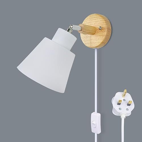 Wall Lights with Plug in Cord and On Off Toggle Switch Living Room Indoor Light with Switch Edison E27 Industrial Lights Not Included Bulb Freely 350° Rotatable for Adults and Nursery (White)