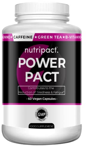 Nutripact Caffeine Capsules 12-in-1 Energy Booster Complex with Green Tea, L-Tyrosine, L-Arginine, B Vitamins, VIT C & Iron - for Running, Pre Workout, Focus, Tiredness & Fatigue - 60 Vegan Capsules