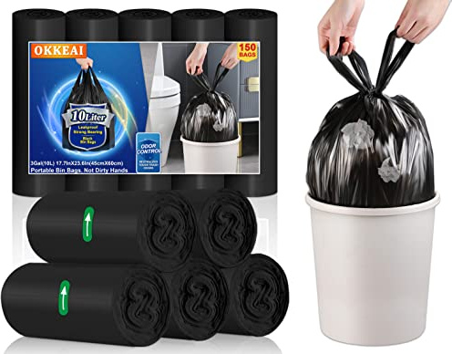 OKKEAI Small Black Bin Bags 10Liter Pedal Bin Liners with Handle, 150 Count | Plastic Wastebasket Trash Bags Fit Bathroom and Office Small Bins