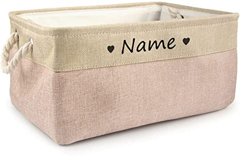 TONYFY Zusammenklappbarer Hundespielzeug-Aufbewahrungskorb mit Personalisiertem Haustiernamen und Gewebtem Seilgriff, Zum Aufbewahren von Hunde Katzen Zubehör, Haustierbedarf (Herz-Rosa)