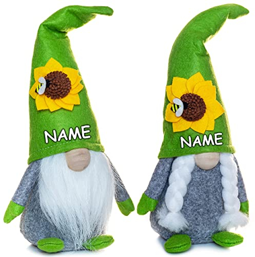 alles-meine.de GmbH lustiger Wichtel/Zwerg 33 cm groß grün - mit Sonnenblume & Biene - inkl. Name - für Sommer & Winter - Weihnachten - Plüschtier/Kantenhocker/Türstop..
