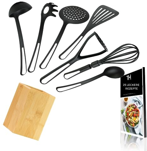 Thiru 7 Teiliges Küchenhelfer Set - ultra hitzebeständig - inkl. E-Book mit 25 Rezepten - Spülmaschinengeeignet - Qualität Made in Germany - inkl. Utensilienhalter