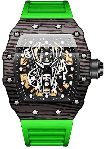 RORIOS Tonneau Armbanduhren für Herren Mechanische Automatik Uhr Mode Sport Uhr Wasserdicht Leuchtend Watch Männer Punk Uhr Silikon Armband Grün