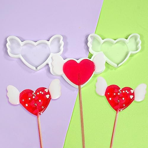 mostsom Lot de 2 moules à sucettes en silicone, ailes d'amour/cœur/rond, pour faire des sucettes, des bonbons au chocolat, des biscuits, pour faire des sucettes, des bonbons durs, sans bâtons (D _