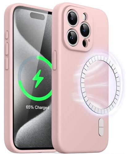 JETech Magnetisch Silikon Hülle für iPhone 15 Pro Max 6,7 Zoll, Kompatibel mit MagSafe, Handyhülle mit Voll Kamera Schutz (Rosa)
